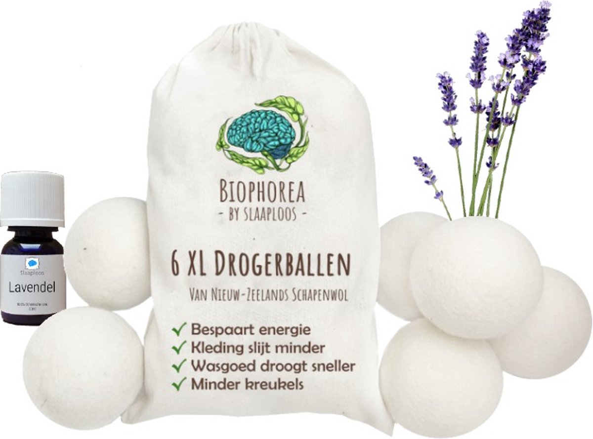Lavendel Drogerballen set - 6 Wasdroger Ballen met Lavendel Olie - Wool dryer balls - Wasdrogerballen - Wasmachine ballen - Droogballen van Wol - 10ml etherische olie