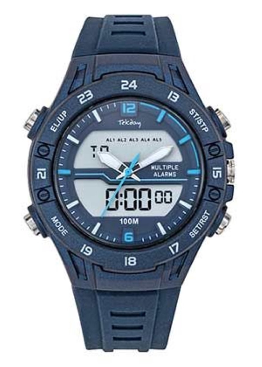 Tekday-Horloge-Digitaal-Analoog-42MM-Multi Alarm-10ATM Waterdicht-Stopwatch-Timer-Zwarte Silicone band-Zilverkleurig-Zwart