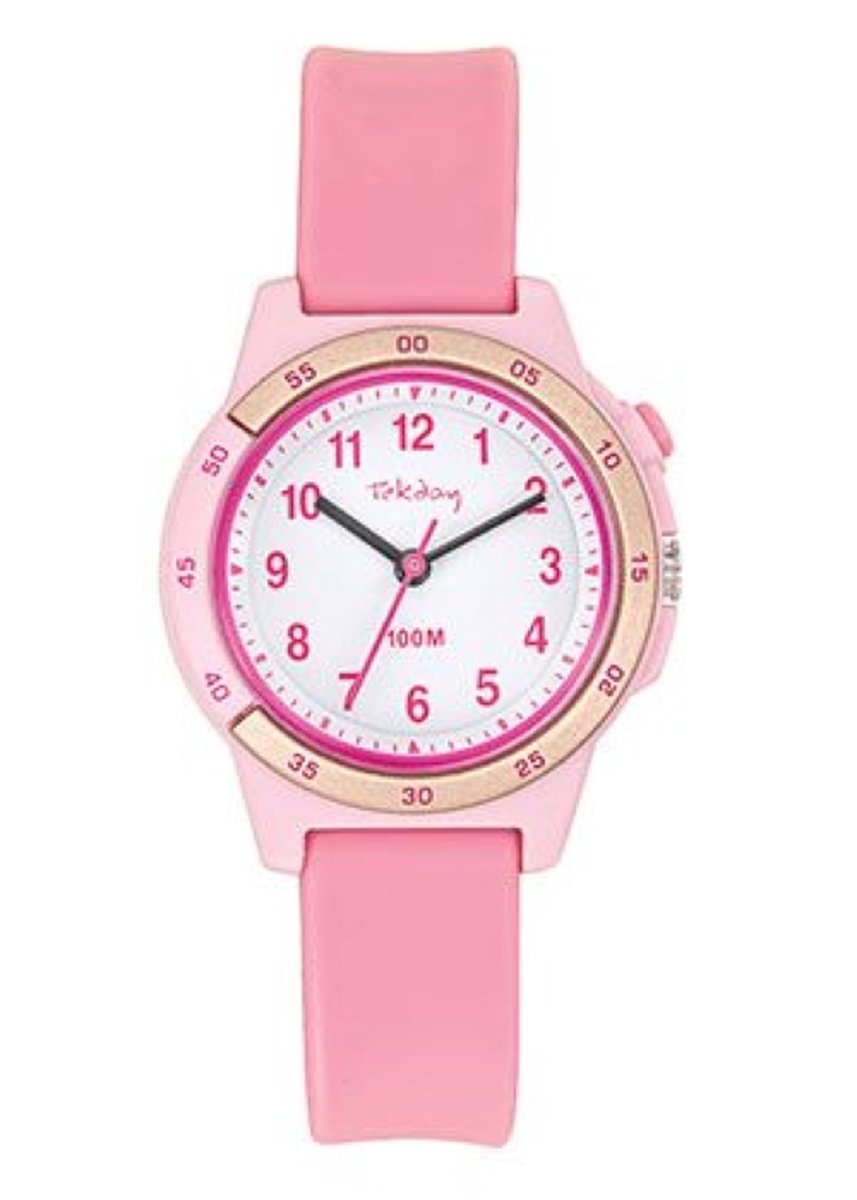 Tekday-Kinder horloge-Analoog-32MM-Waterdicht 10ATM-Lampje-Achtergrond verlichting-Silicone band-Roze-Goudkleurig