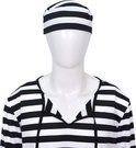Mannequin met zwart-wit gestreepte top met capuchon en bijpassende muts.