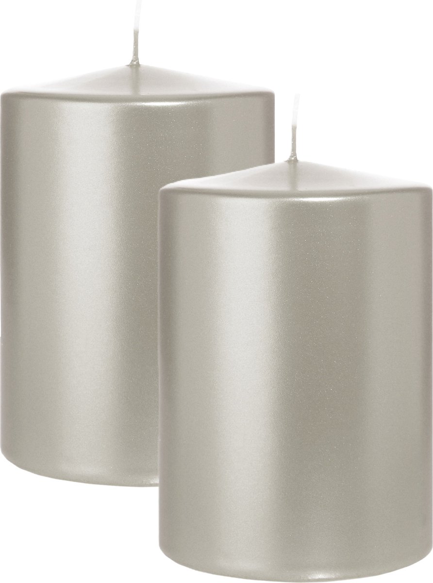 Wiedemann Cilinderkaars/stompkaars groot - 2x - metallic zilver - 15 x 10 cm - 113 branduren - zuilkaarsen