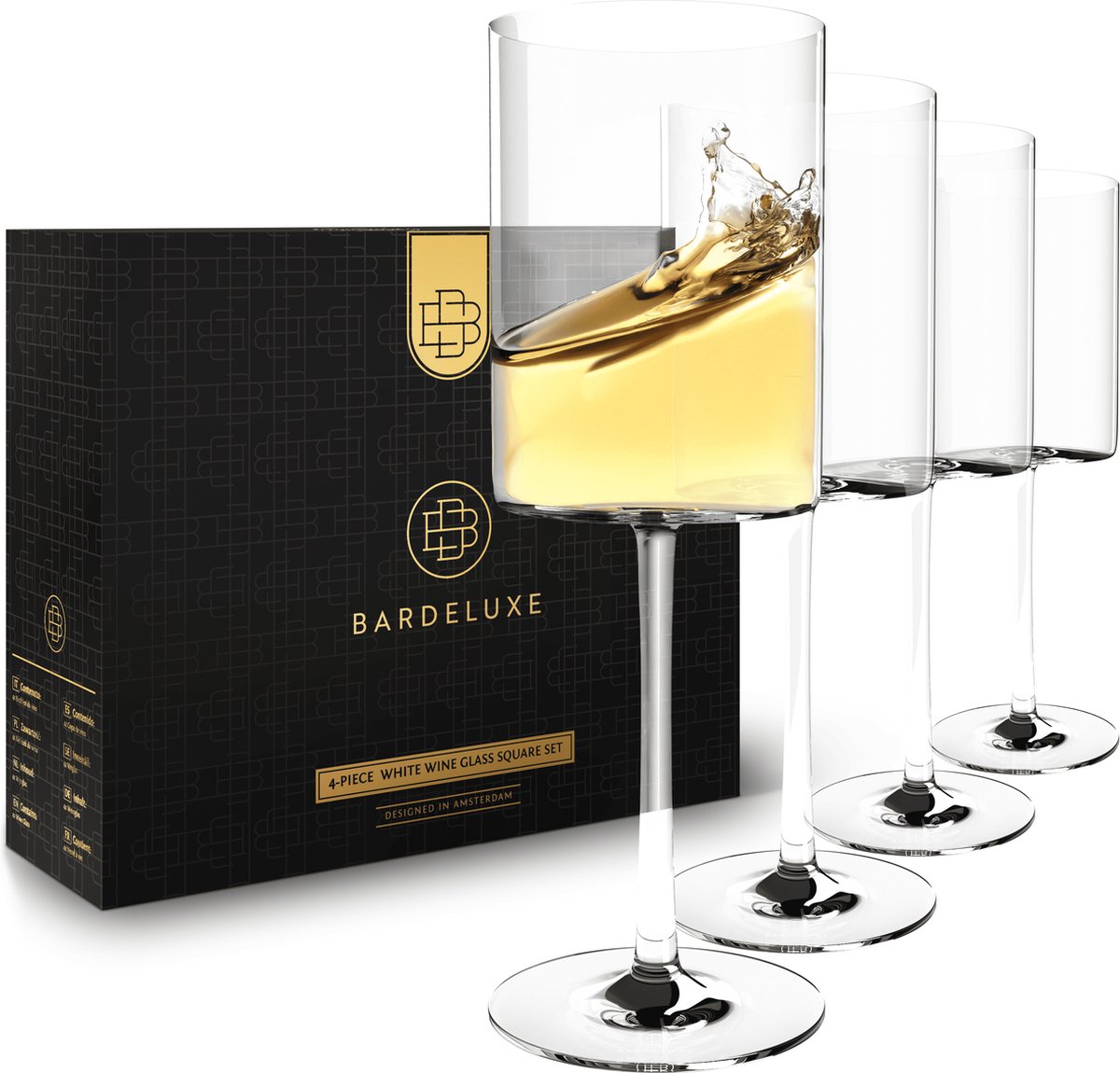 BarDeluxe® Wijnglazen Witte Wijn - 4 Handgeblazen Kristallen Glazen 425 ml - Wijnglas - Handgemaakt & Loodvrij - Luxe Cadeauset in Bewaardoos