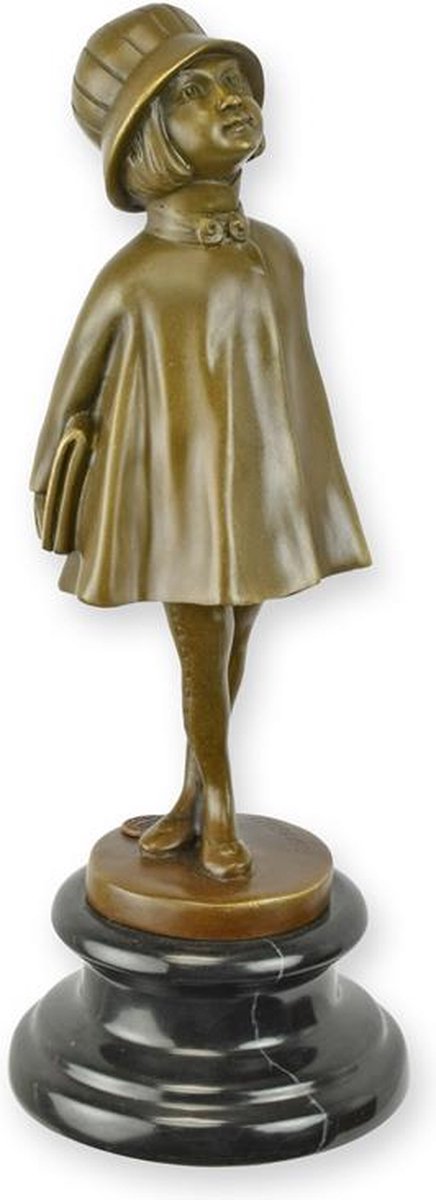 Bronzen sculptuur meisje op sokkel - Beeldjes & Sculpturen - bronzen beeld meisje sculptuur - tijdloze woondecoratie - klassiek figuratief - cadeau-idee - 26,6x9,8x9,8 cm brons