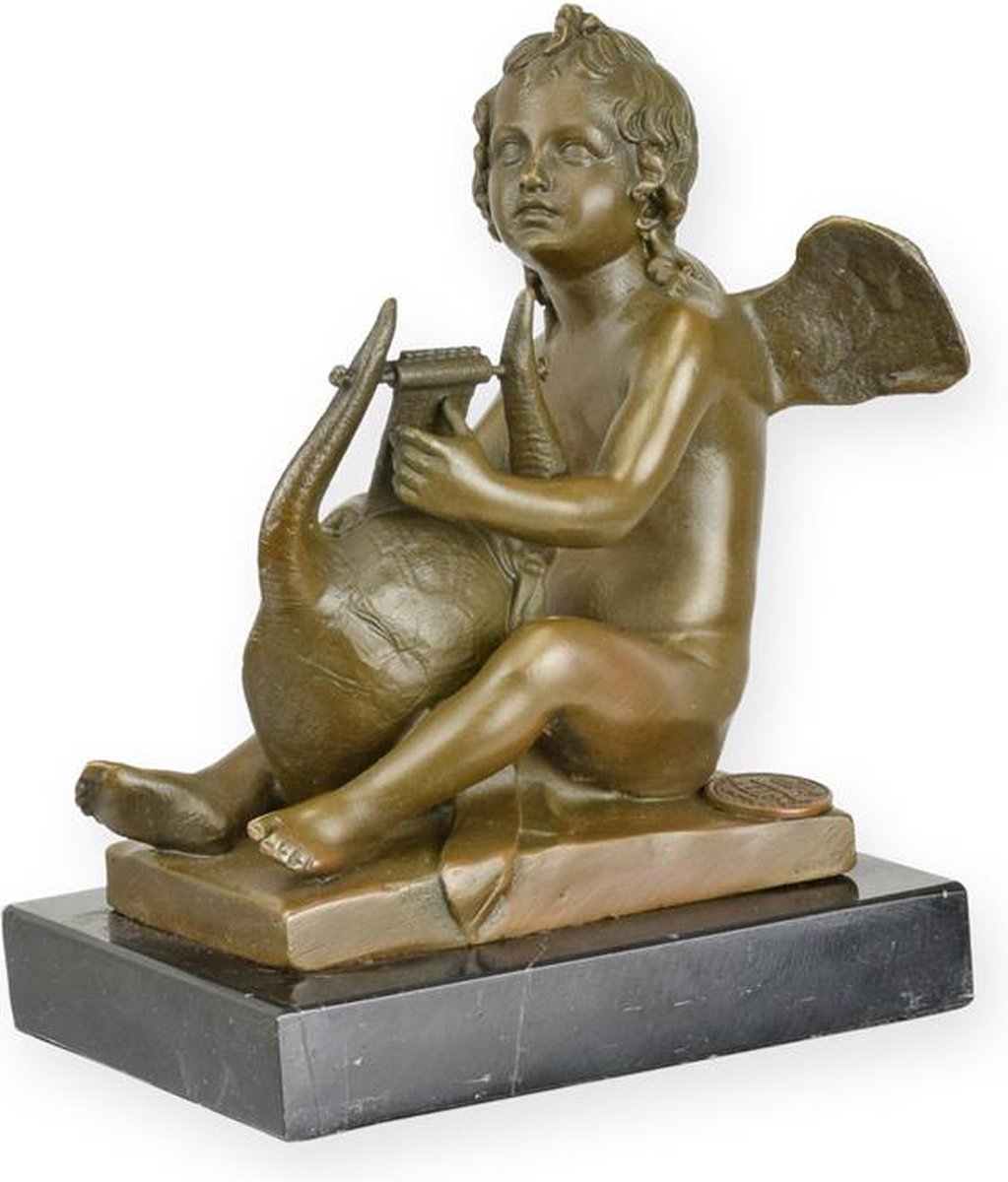VntiQue Bronzen sculptuur zittende engel – gedetailleerd decoratiebeeld in brons voor huis, altaar, spirituele ruimte of uniek cadeau