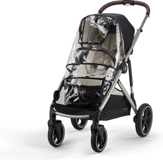 Poussette Cybex noire avec housse de pluie transparente, siège beige à imprimé et détails marron.