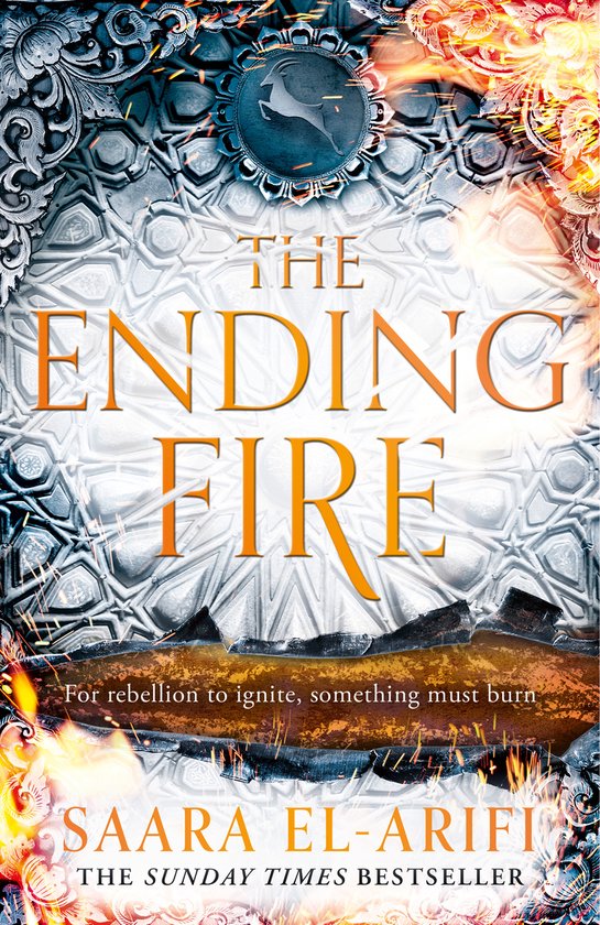 Boekomslag van 'The Ending Fire' met oranje tekst en een vuur- en mosseleffect.