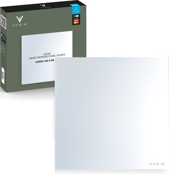 Varin® Smart Design Infrarood verwarmingspaneel - 400W - 60x60cm - Helder wit glas - IP24 - Met thermostaat - Wandmontage of verrijdbaar - Elektrische verwarming - Infrarood paneel verplaatsbaar - Kachel - Heater bureau - Terrasverwarmer - Tuya Wifi