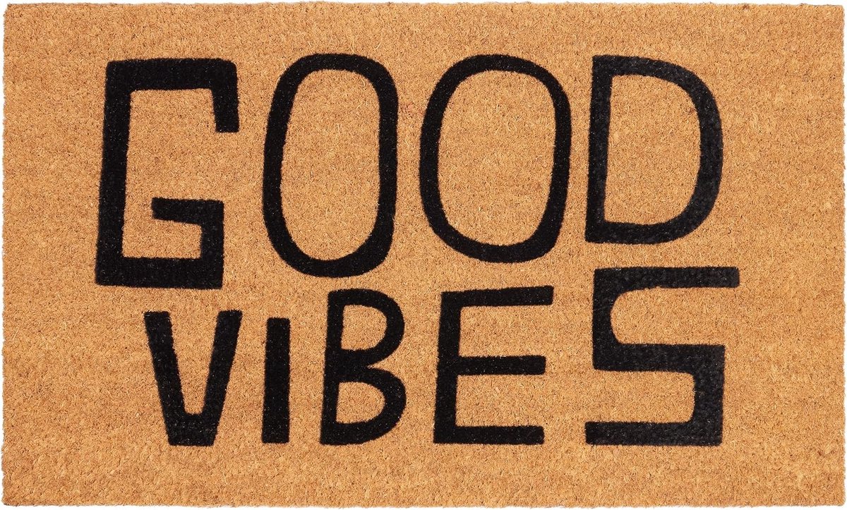 BRUBAKER Good Vibes Deurmat voor buiten en binnen, 45 x 75 cm, vuilvangmat van 100% kokos, voetveger, weerbestendig en antislip, antislip deurmat voor voordeur en ingang, bruin