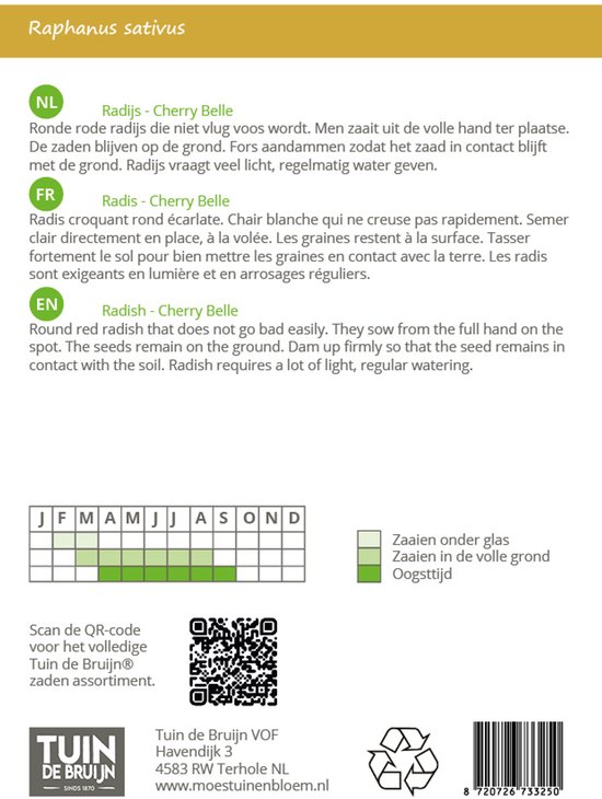 Verpakking met informatie over Radijs Cherry Belle. Met zaaikalender en QR-code.