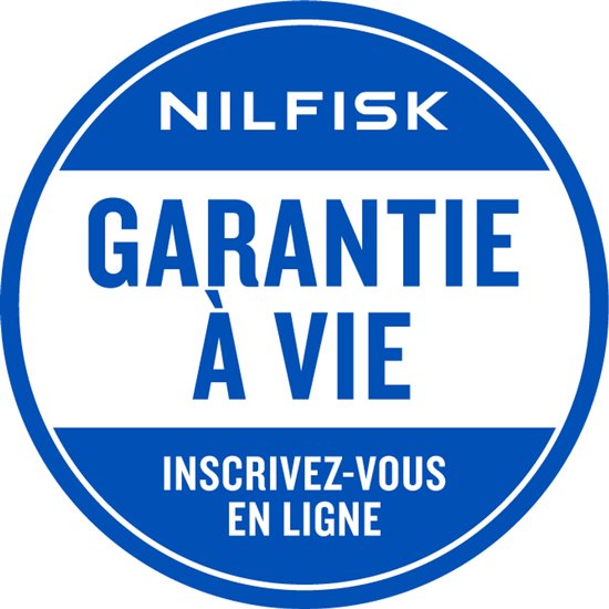 Blauw Nilfisk logo met tekst 'GARANTIE À VIE' en 'INSCRIVEZ-VOUS EN LIGNE'.