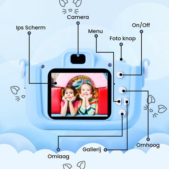 Lichtblauwe kindercamera met schattige kattenoren en een scherm waarop twee lachende meisjes te zien zijn. Knoppen voor menu, foto en navigatie.