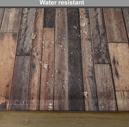 Set de table à imprimé planches de bois avec des gouttes d'eau, texte 'Water resistant'.