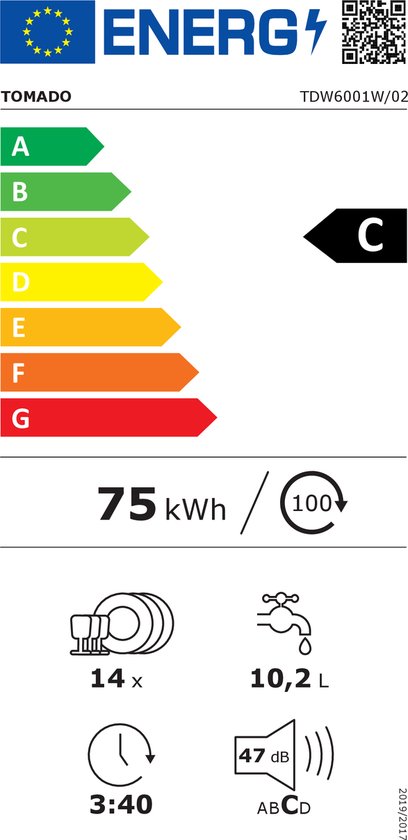 Tomado TDW6001W - Vrijstaande vaatwasser - 14 couverts - Energielabel C - 47 dB - Besteklade - Wit