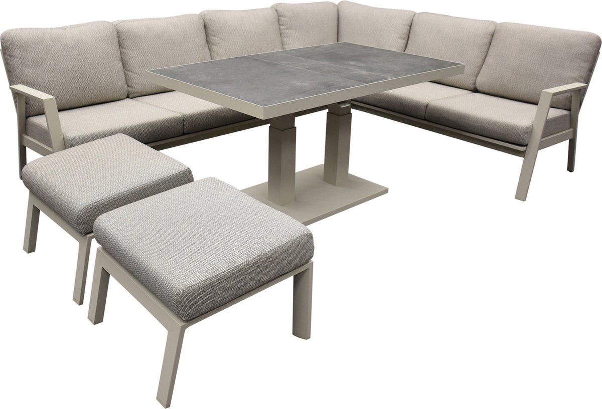 Barolo hoek dining loungeset 6 delig aluminium verstelbare tafel latte zand