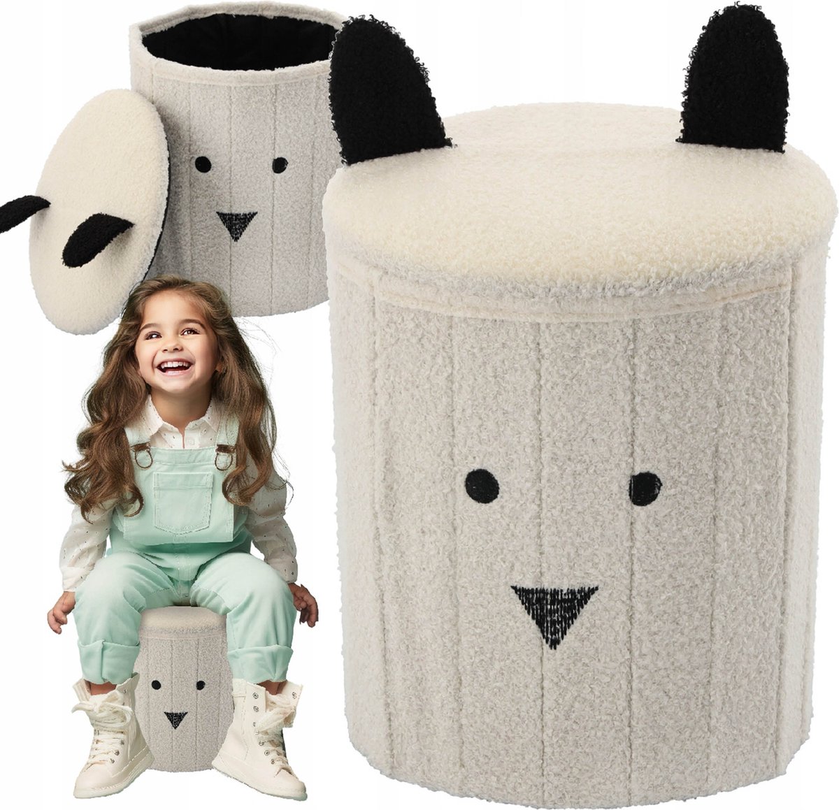 Opvouwbare poef met opbergruimte, pluche, voor kinderen, panda 28x28x34 cm