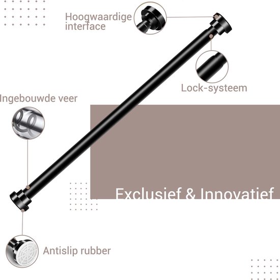 Zwarte uitschuifbare stang met aan beide zijden een ronde dop met anti-slip rubber.