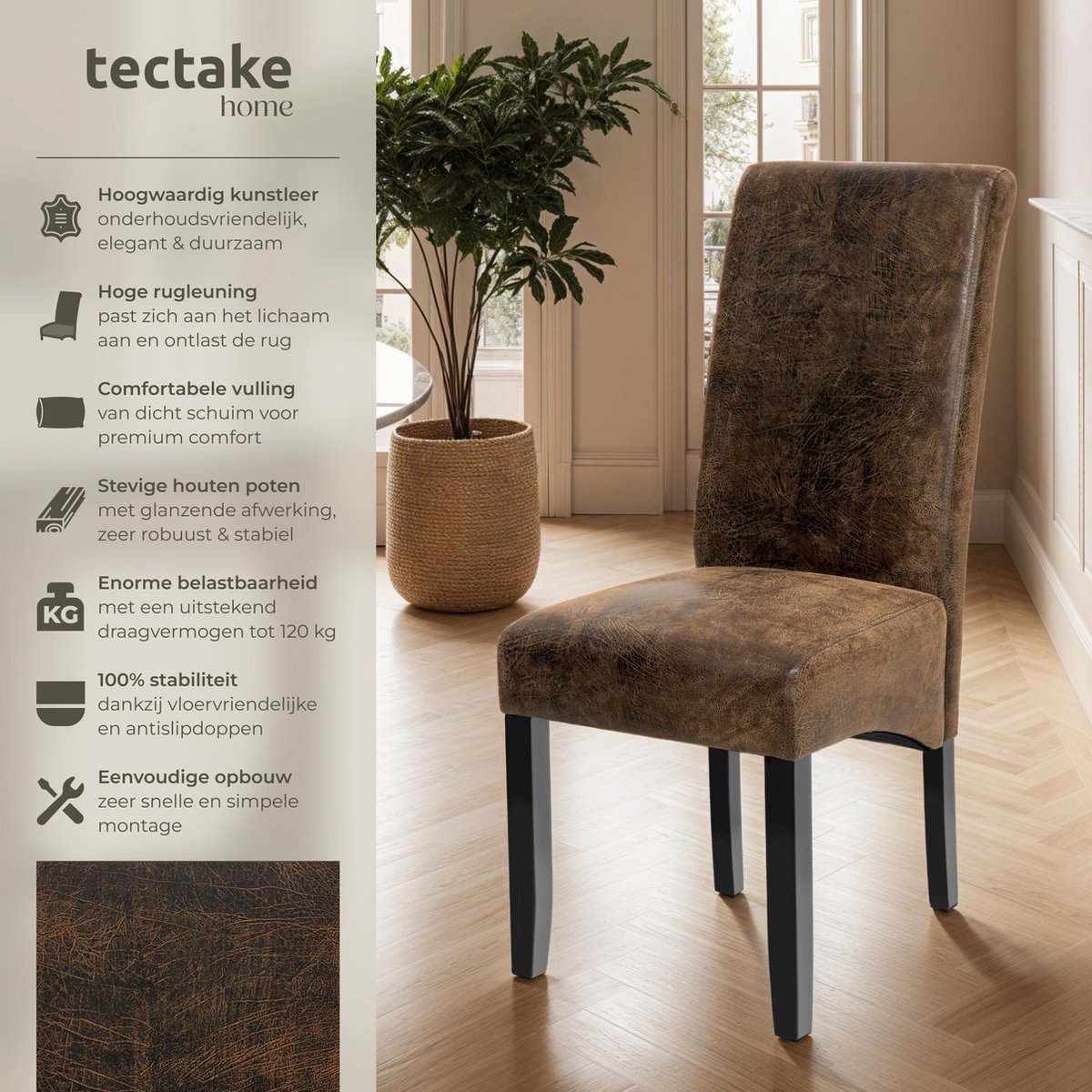 tectake® Eetkamerstoel - Comfortabele kunstleren stoel met hoge rugleuning - Keukenstoel voor keukentafel - Gestoffeerde keukenstoel - Diverse kleuren en sets - Maximale belasting 120 kg - Afmeting (LxBxH) 44 x 63 x 106 cm - Set van 4 - Antiek bruin – foto 2