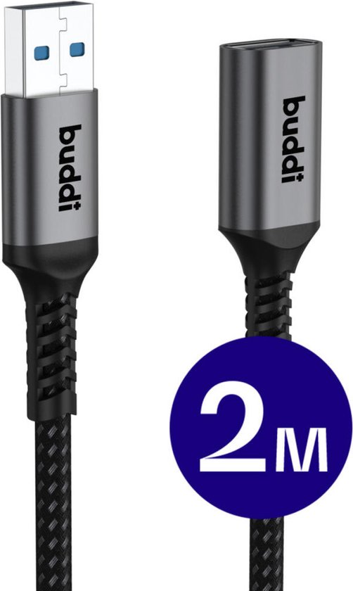 Buddi Flex | USB-A naar USB-A Verlengkabel | USB 3.0 | Female naar Male | Geschikt voor printers, telefoon, USB-sticks, harde schijven en meer | USB Verlengsnoer | Gevlochten Nylon | 2M | Zwart