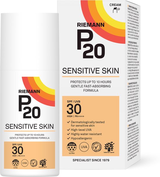 P20 Sensitive Skin SPF 30 zonnebrandcrème in fles en doos. Beschermt 10 uur, hoge UVA/UVB, hypoallergeen.