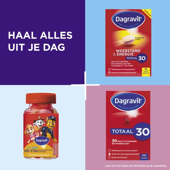 Verpakking van Dagravit Weerstand & Energie met 30 multivitaminen kauwtabletten en een flesje Dagravit Kids Xtra multivitaminen.