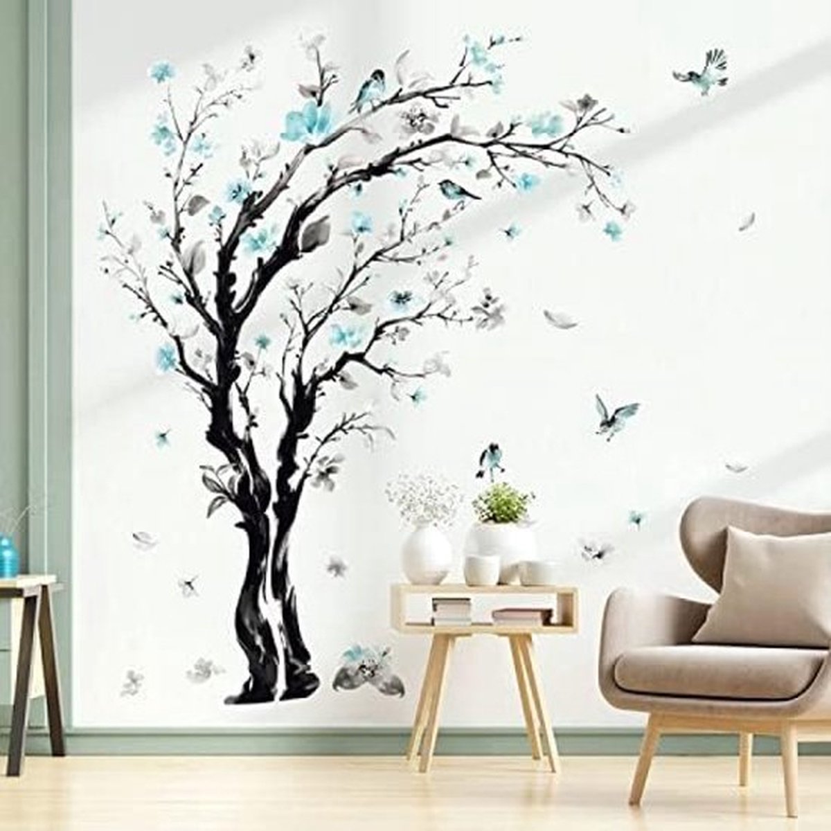 Boom met Blauwe Bloem Muurstickers Aquarel Bloesem Floral Muurtattoo Slaapkamer Woonkamer Sofa TV Achtergrond Wanddecoratie
