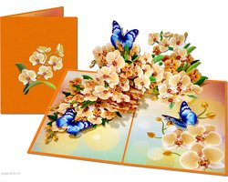 Popcards.nl pop-up kaart - Schitterende Roze Orchidee Bloemen met Blauwe Vlinders Orchideeën Wenskaart 3D kaart