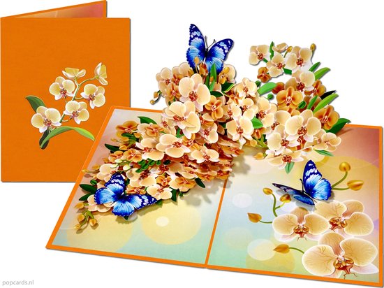 Popcards.nl pop-up kaart - Schitterende Roze Orchidee Bloemen met Blauwe Vlinders Orchideeën Wenskaart 3D kaart