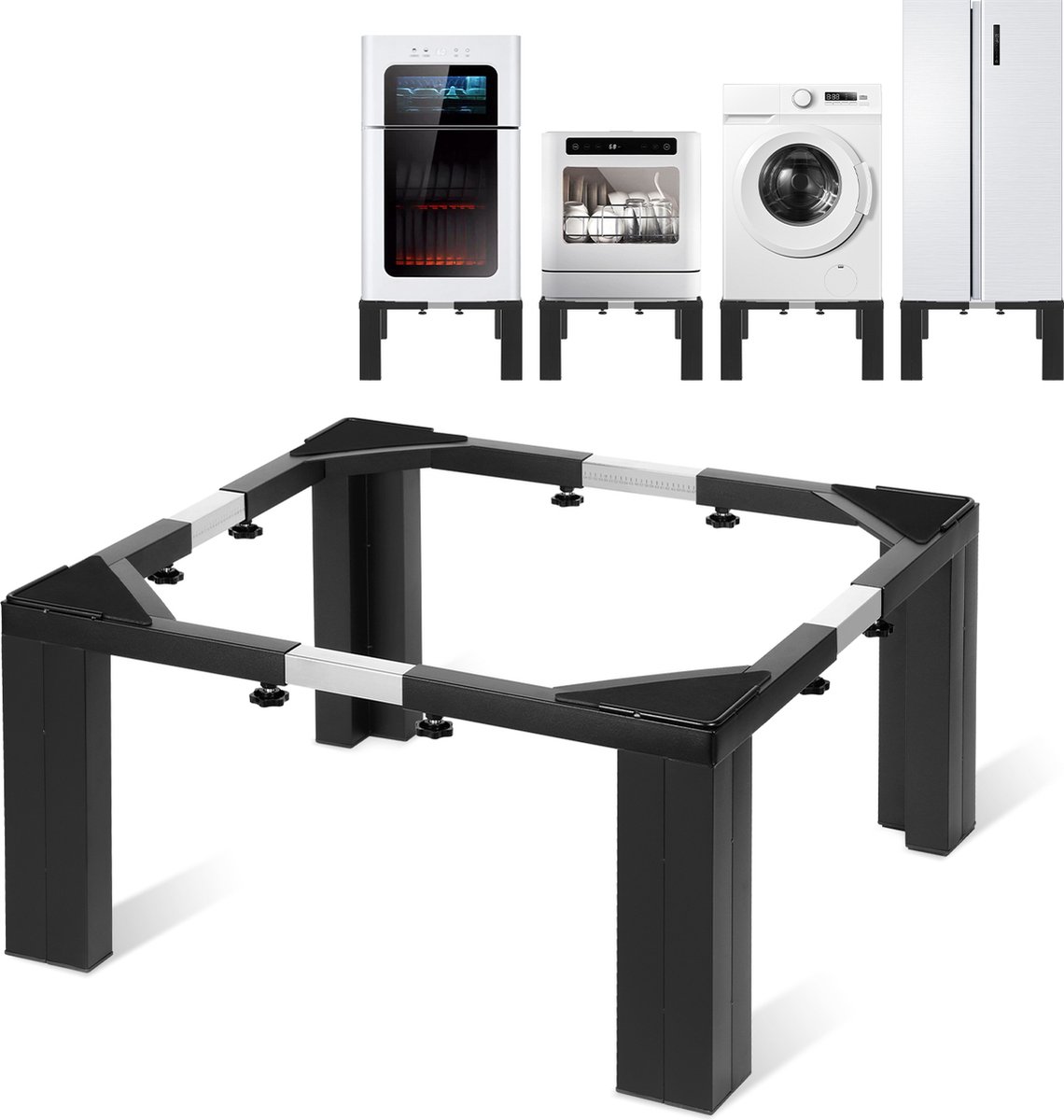 Wasmachine verhoger - Verstelbaar - Wasmachine opbouwmeubel - Roestvrij staal - Zwart + Zilver