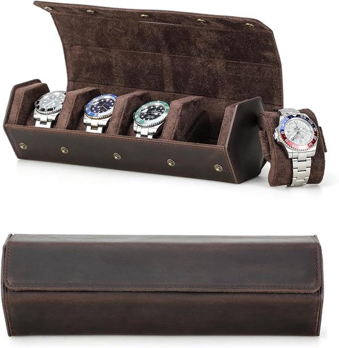Lederen Zeshoek Horloge Doos voor 4 Horloges - Beschermende Opslag Case voor Reizen - Koffie