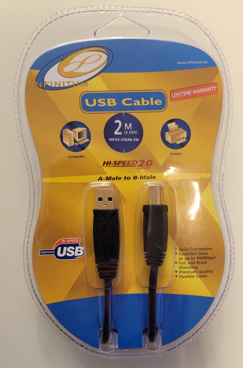 INFINITUM HIGHSPEED USB 2.0 A-B MALE MALE PRINTERKABEL 2 METER