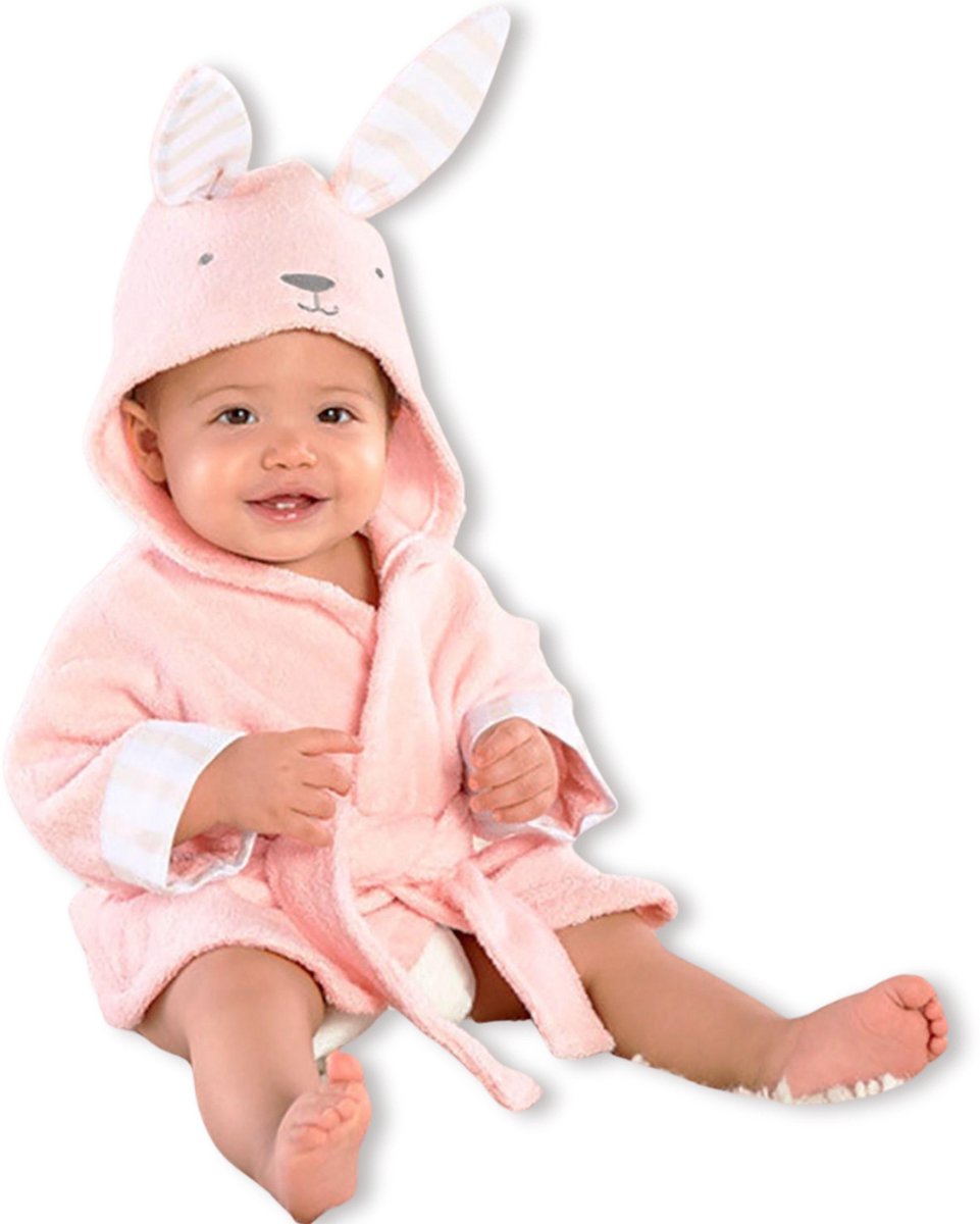 BoefieBoef Konijn Kinder Badjas Baby & Peuter 0-2 Jaar (0-85 cm) – Zacht Katoen Badstof met Dieren Capuchon – Absorberende Ochtendjas Handdoek voor Jongen & Meisje – Zwemles, Carnaval, Verjaardag & Kraamcadeau – Perfect na Bad & Zwemmen - Roze