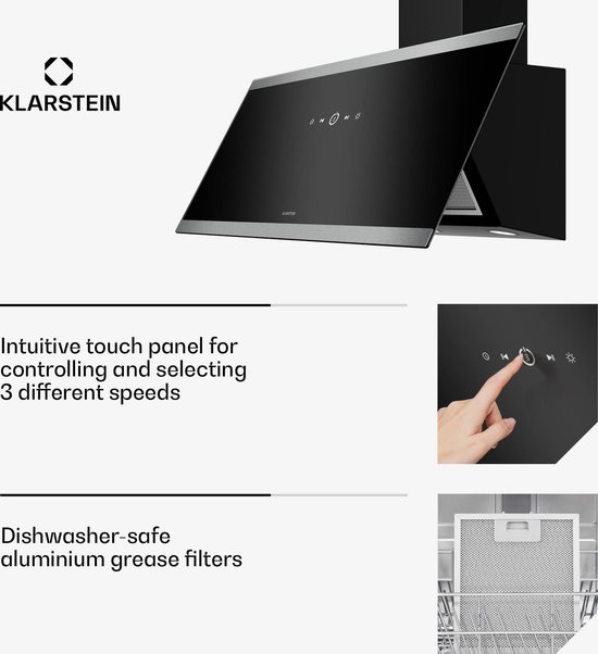 Zwarte schuine afzuigkap met touchbediening en afbeeldingen van de bediening en het vetfilter.