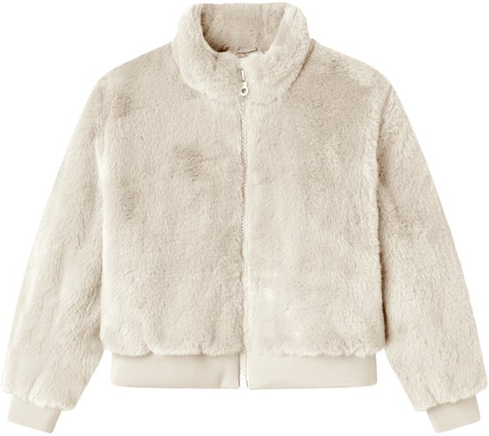 Crème faux fur jas met rits en hoge kraag.