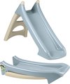 Blauwe glijbaan met beige steun, zowel rechtopstaand als liggend.