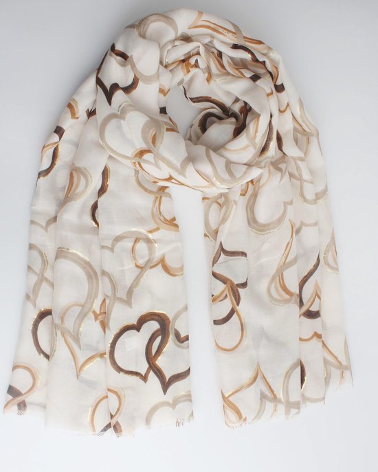 Marilon scarf- Accessories Junkie Amsterdam- Dames- Lange sjaal- Katoen- Cosy chic- Hart print- Goud accent- Wit camel taupe bruin