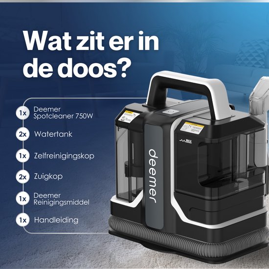 Deemer Tapijtreiniger Vlekkenreiniger Zetelreiniger Machine - Bank & Meubel Reiniger Stofzuiger - Tapijt Apparaat Meubelreiniger - Haarverwijderaar Stofzuiger Voor Dierenharen Reinigen - 750W Krachtige Zuigkracht - Inclusief Reinigingsmiddel