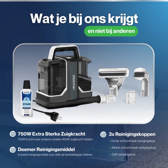 Deemer Tapijtreiniger Vlekkenreiniger Zetelreiniger Machine - Bank & Meubel Reiniger Stofzuiger - Tapijt Apparaat Meubelreiniger - Haarverwijderaar Stofzuiger Voor Dierenharen Reinigen - 750W Krachtige Zuigkracht - Inclusief Reinigingsmiddel