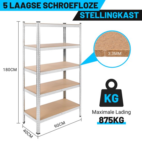Stellingkast, Set Van 2, Opbergrekken, 5 Verstelbare Planken, Rek Van