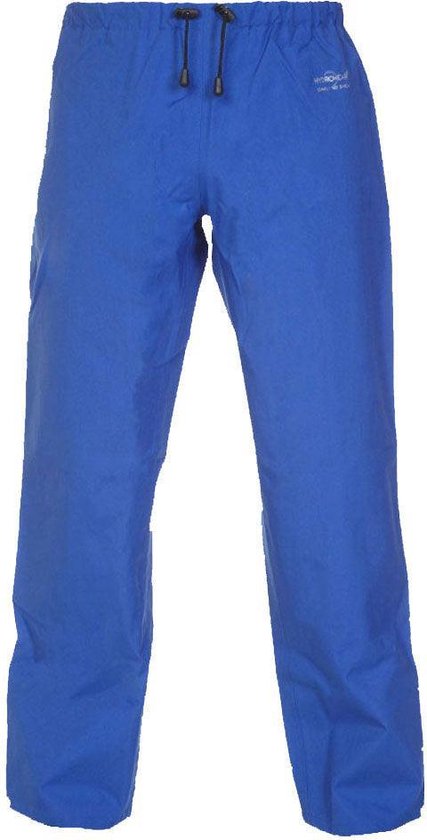 Blauwe regenbroek met elastische tailleband, trekkoord en logo.