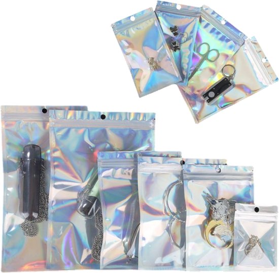 Fako Bijoux® - Sachets holographiques à Zip éclair avec trou - Sachets Mylar refermables - 8x13cm - Sachets de fête - Transparents - Sachets à bonbons - Sachets cadeaux - 100 pièces