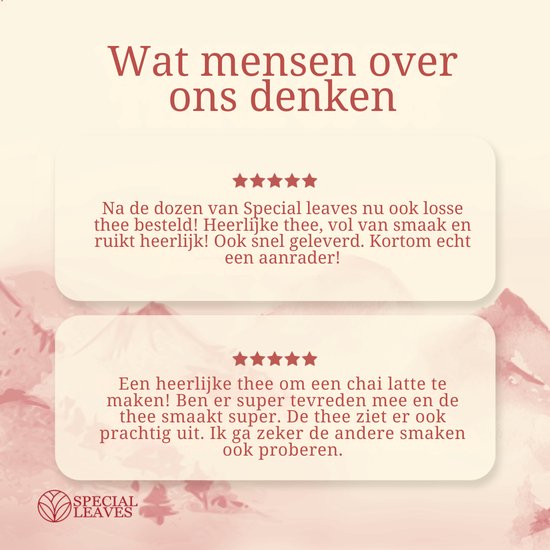 Klantenreviews over Special Leaves thee. 'Heerlijke thee, vol van smaak en ruikt heerlijk!' en 'Een heerlijke thee om een chai latte te maken!'.
