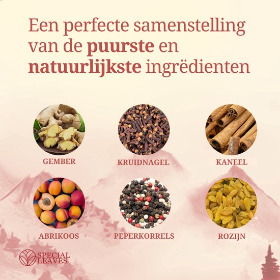 Ingrediënten van Special Leaves Spicy Chill thee: gember, kruidnagel, kaneel, abrikoos, peperkorrels, rozijn. Een perfecte samenstelling van de puurste en natuurlijkste ingrediënten.