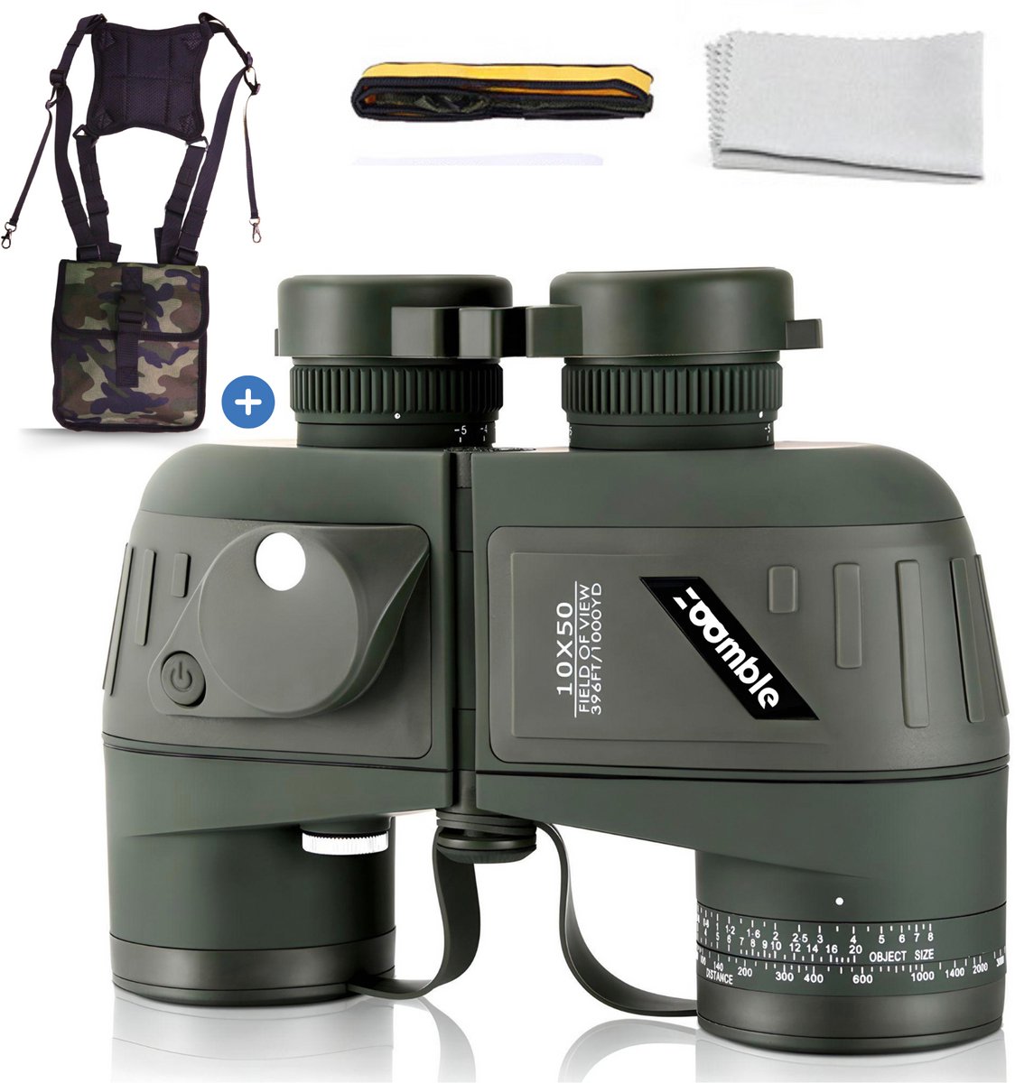 Zoomble® Verrekijker met Harnas - Afstandsmeter & Kompas - 10x50 - Incl. Draagtas - E-book Vogelspotten – HD Lens - Waterdicht - Geschikt voor Zeilen, Golf, Jagen, Wild spotten & Outdoor - Rangefinder - Groen