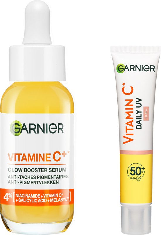 Garnier Vitamine C* Glow Booster Serum en Vitamine C* Daily UV Glow SPF 50+.