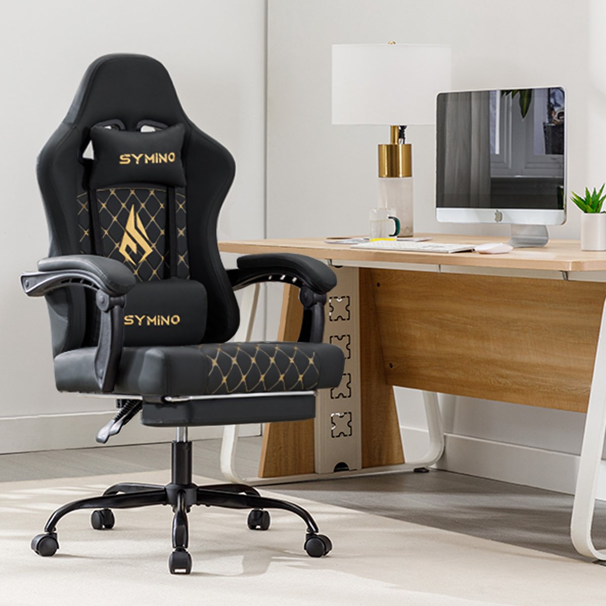 Afbeelding 3 van Symino FZ Gaming Stoel 200 kg – Racing-Style Gamestoel met Uittrekbare Voetensteun, 155° Rugleuning & 3D Armleuningen – Gepolsterd PU-leer – Zwart