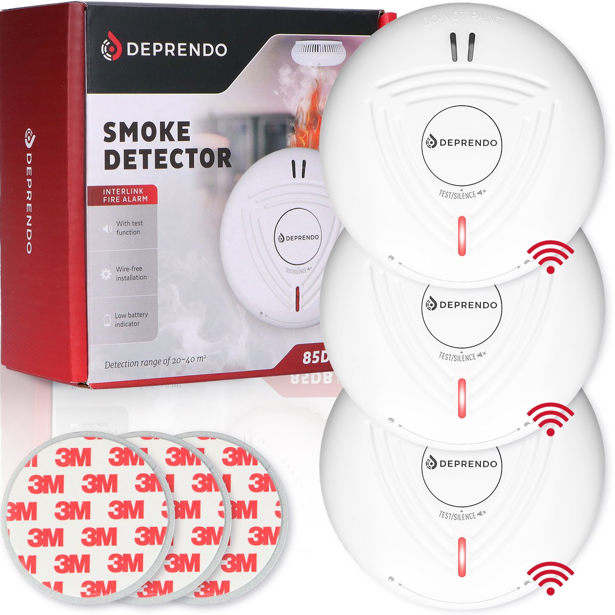 Deprendo 3x Rookmelder met 10 Jaar Batterij - Koppelbaar Brandalarm - Zonder Boren - Incl. 3M Magneet Montage - Magneetbevestiging - Voldoet aan Europese Norm EN14604