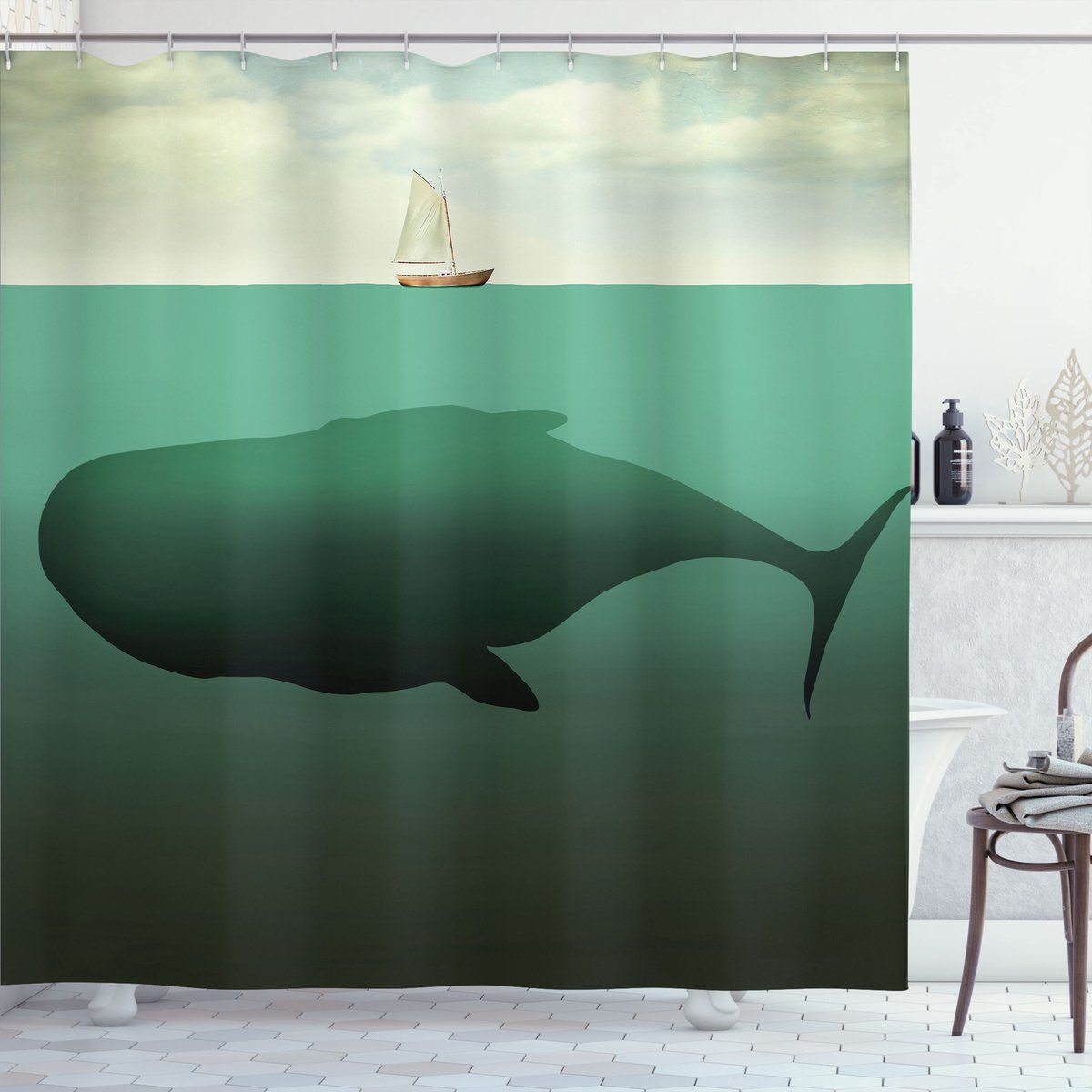 New Bed, Fantasie Gigantische Walvis Zeilboot, Douchegordijn Badkamer Decor Set met Haakjes, 175 cm B 180 cm L