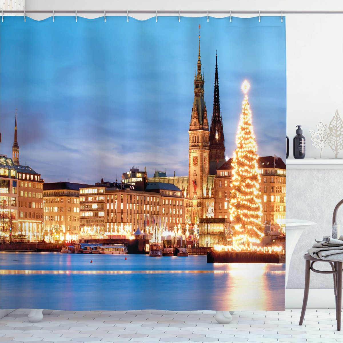 New Bed, Winter Hamburg Duitsland Oude Stad, Douchegordijn Badkamer Decor Set met Haakjes, 175 cm B 180 cm L