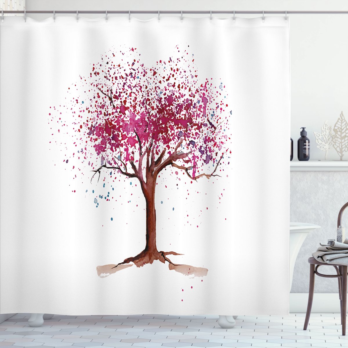 Nieuw bed, bloemendessin met bloeiende knoppen Sakura-boom, douchegordijn en badkamerdecoratieset met haakjes, 175 cm breedte, 180 cm lengte