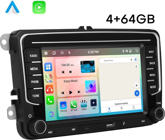 Boscer® Autoradio - Geschikt voor Volkswagen, Skoda & Seat - Apple Carplay & Android Auto - Android 13 - 4+64GB - 7 Inch IPS HD Touchscreen - Bluetooth, USB, USB-C, Wifi & MP5 - Navigatiesysteem - Achteruitrijcamera & Microfoon - 2025 Model